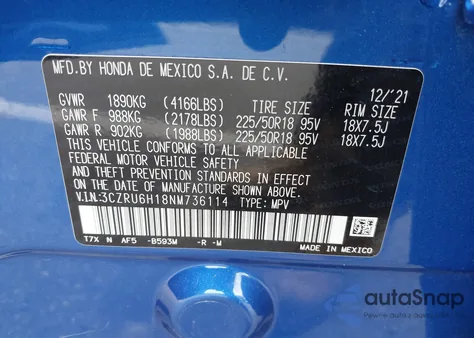 2022 Honda Hr-V Awd Sport from USA, damaged, VIN 3CZRU6H18NM736114